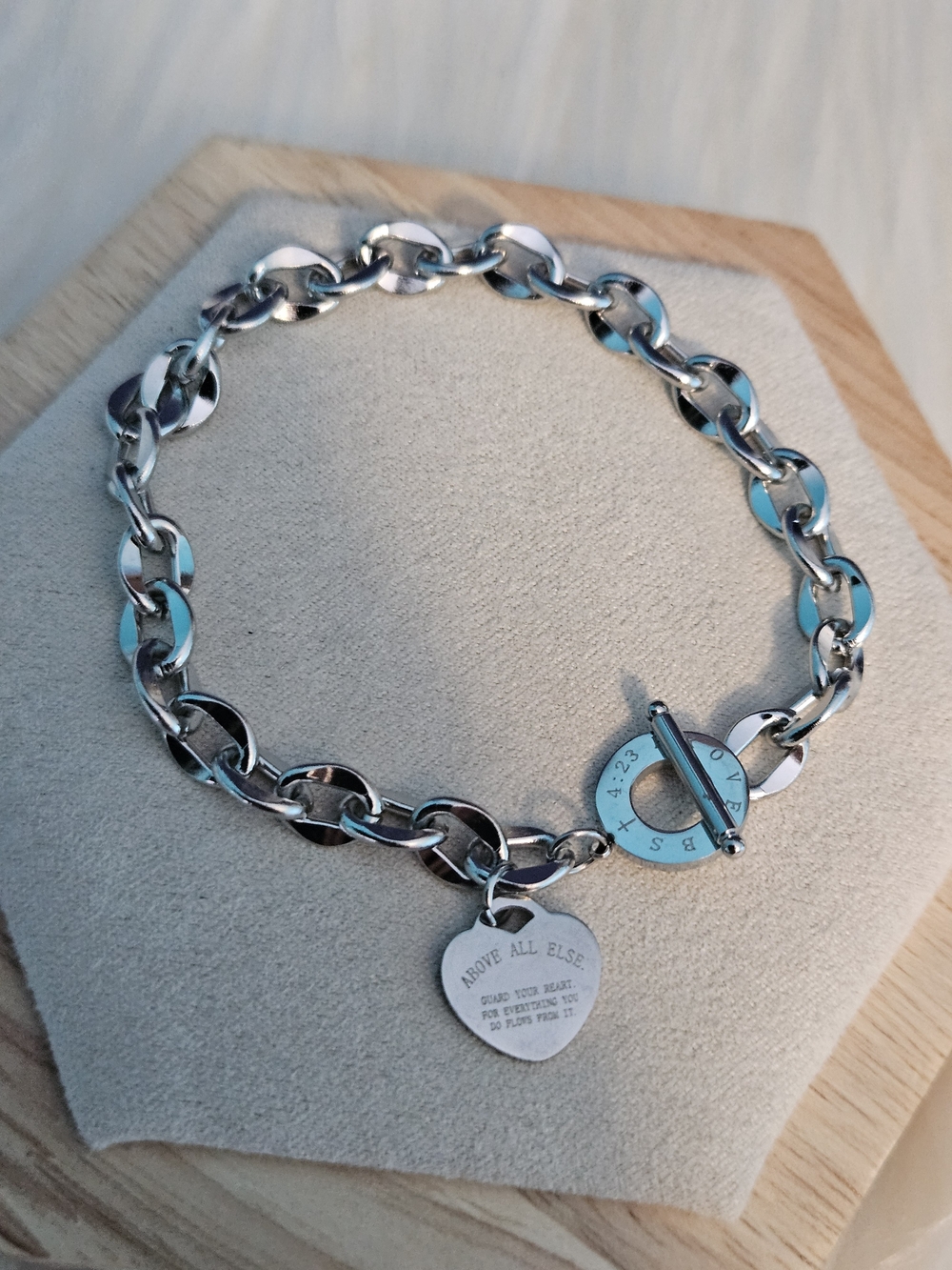 Silver Tone Heart Charm Toggle Bracelet - Unbranded Stainless